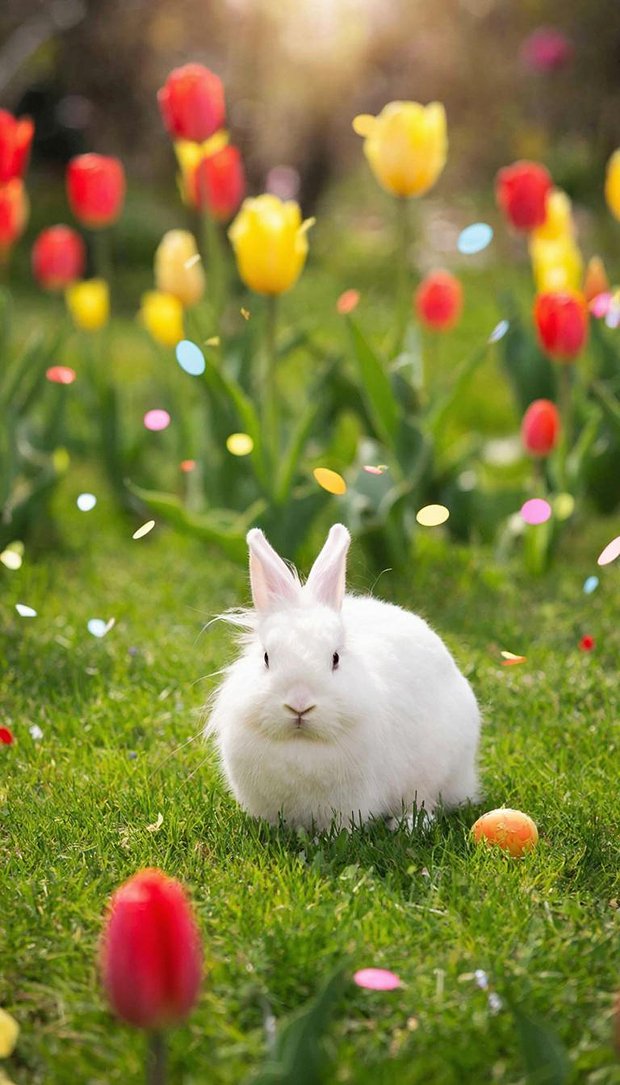Пасхальная заставка на смартфон с кроликом на лугу
