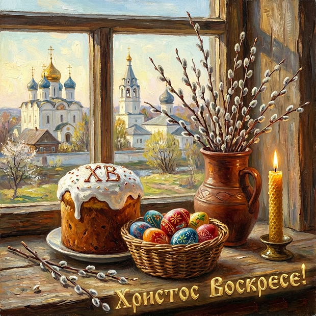 Открытка с крашеными пасхальными яйцами