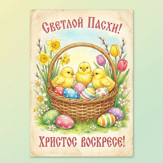 Жизнерадостная открытка к Пасхе с цыплятами