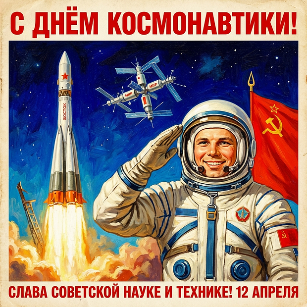 Открытка на День космонавтики 12 апреля