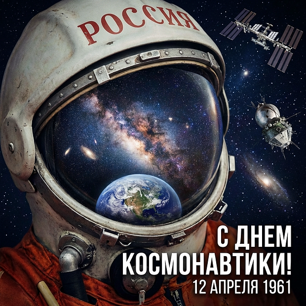 Открытка на День космонавтики 12 апреля