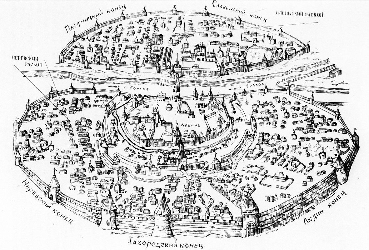 План средневекового Новгорода с расположенным в левой нижней части Неревским концом