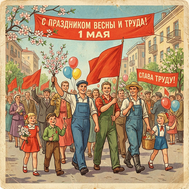 Советская открытка на Первомай

