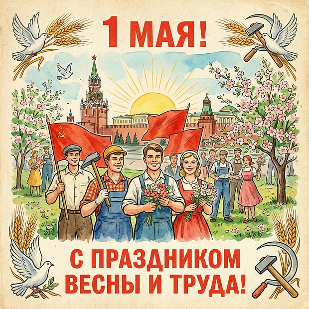 Советская открытка с 1 Мая
