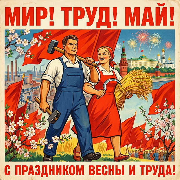 Советская открытка с Днем труда
