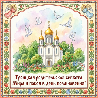 Открытка на Троицкую родительскую субботу с крестом и березами