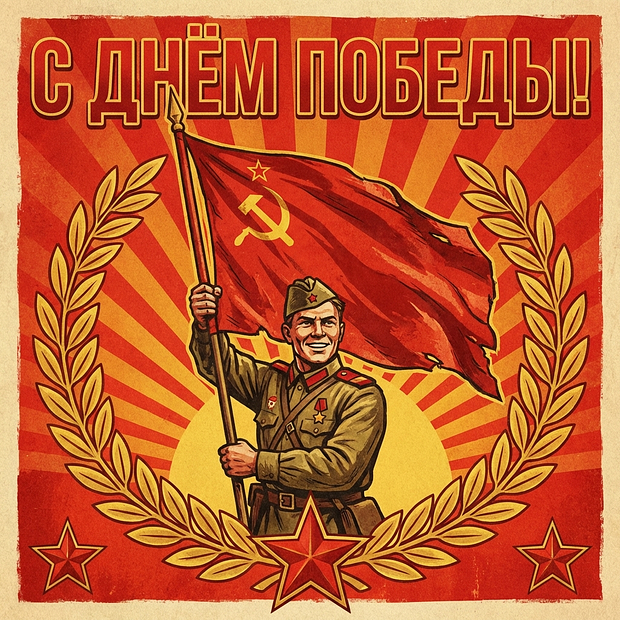 Открытка на 9 Мая в советском стилое
