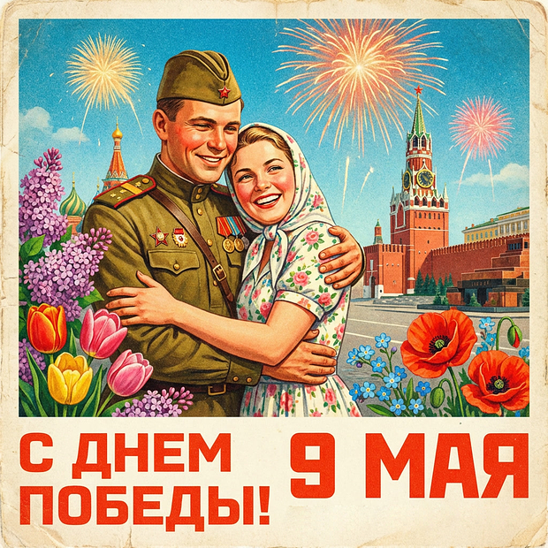 Открытка на 9 Мая в советском стиле
