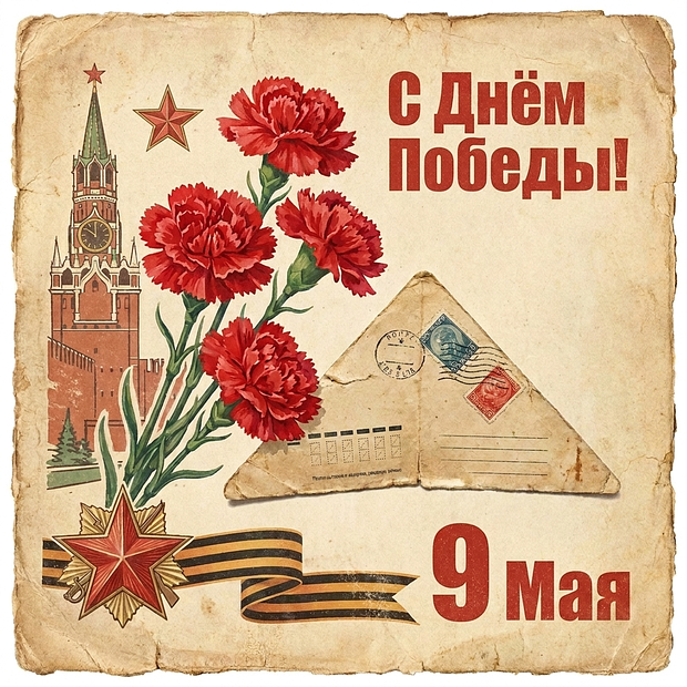 Открытка на 9 Мая в советском стиле
