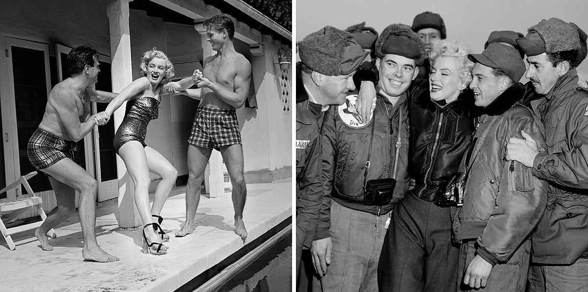 Мэрилин Монро в бассейне (слева), 1950, и с американскими военными в Южной Корее (справа), 1954