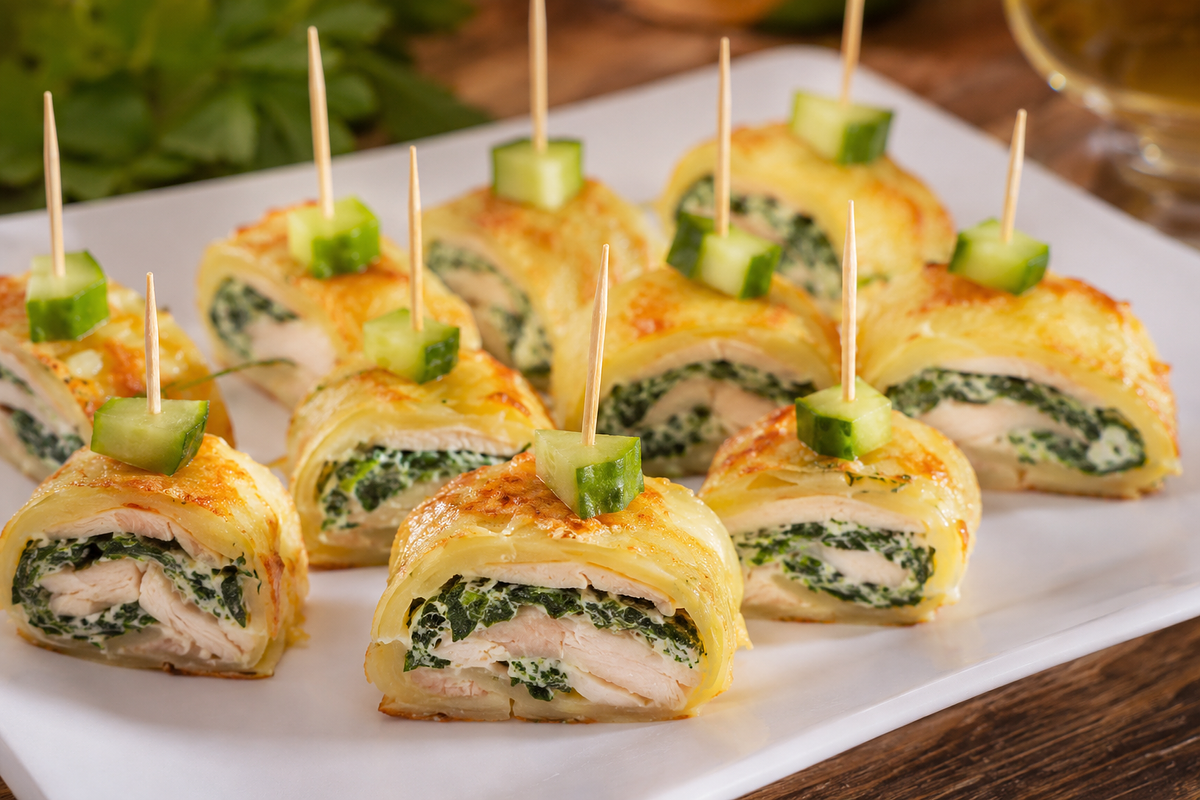 Канапе из картофельного рулета с копченой курицей и шпинатом