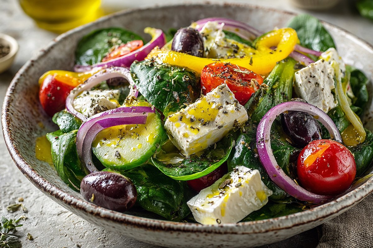 Greek salad with spinach and lemon dressing Image: generated in Midjourney