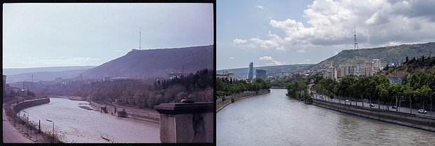 Вид на реку Куру, набережную и гору Мтацминда, Тбилиси, 1965 и 2026 годы.
