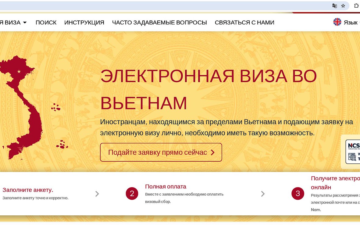 Скриншот с официального портала иммиграционной службы Вьетнама, где оформляется электронная (e-visa) 