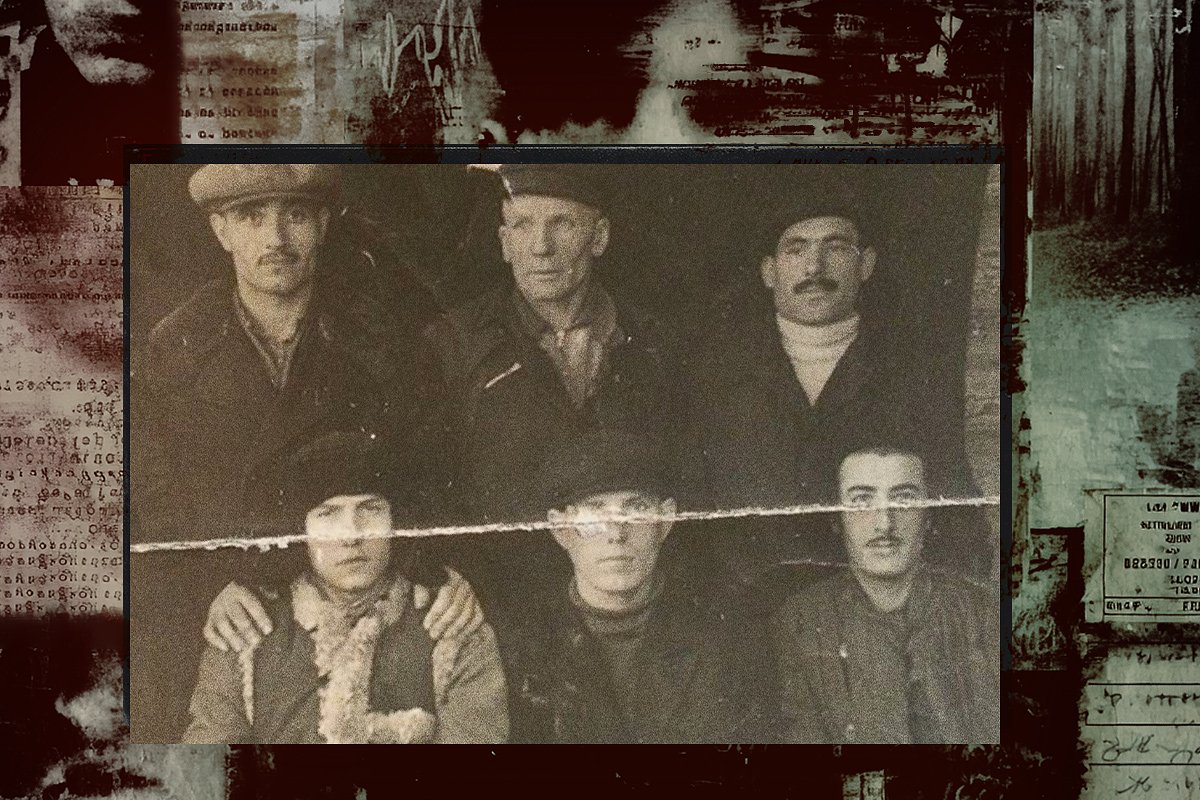 Вверху: воры в законе Шалва Сулханишвили (Большевик, слева) и Дато Асламазов (Чобон, справа). Внизу: воры в законе Георгий Давидов (Гево), Павел Захаров (Цируль) и Карло Гвелесиани. 1958 год