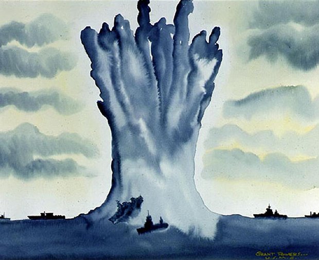 Линкор Арканзас, брошенный гигантским столбом, акварель Grant Powers