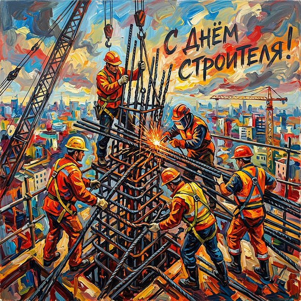 Оригинальная открытка на День строителя
