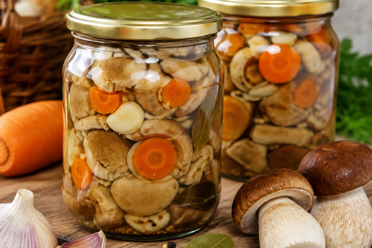 Pickled porcini mushrooms with carrots and onions. Photo: generated in Midjourney