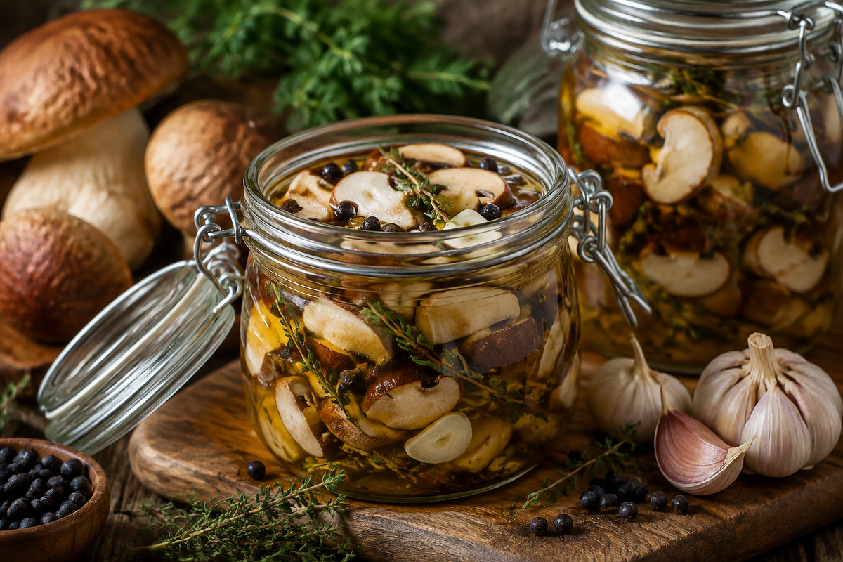 Pickled porcini mushrooms with juniper and thyme. Photo: generated in Midjourney